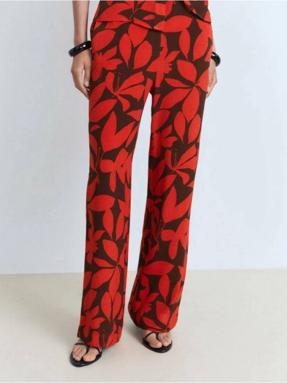 Mango Red and Brown Floral Wide-Leg Pants